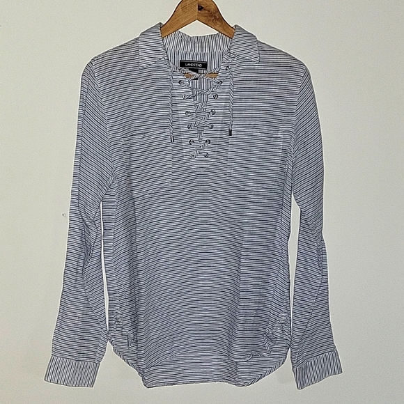 LANDS END | Linen Popover Blue White Striped Lace Up Top - Picture 12 of 12